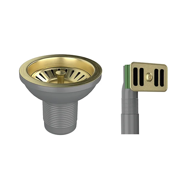 Venice Brushed Brass Basket Strainer Kitchen Sink Waste With Rectangular Overflow Plate 4 Venice Brushed Brass Basket Strainer Kitchen Sink Waste With Rectangular Overflow Plate - Image 2